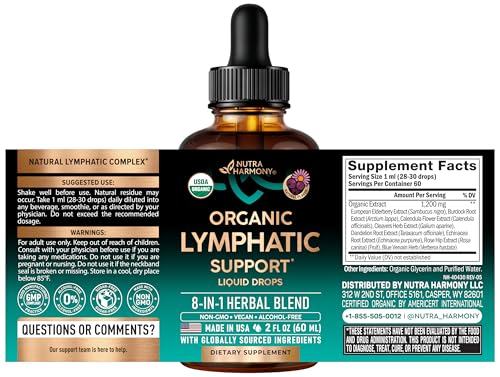 USDA Organic Lymphatic Drainage Supplement - Echinacea | Elderberry | Dandelion | Rosehip | Cleavers | Calendula | Burdock - Made in USA - Lymph System Drops - Immune Support, Cleanse & Detox, 2 fl oz