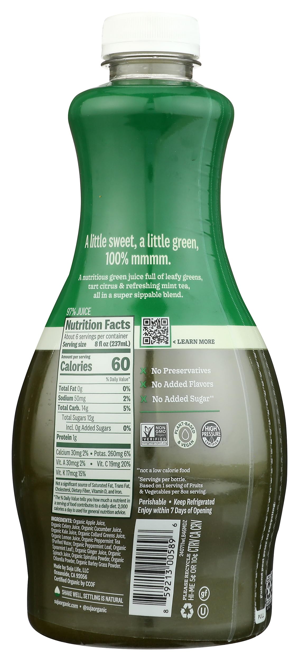 Suja Organic Mighty Dozen Cold Pressed Juice Drink, With Apple, Celery, Cucumber, Kale and Collard Greens, 46 fl oz Bottle