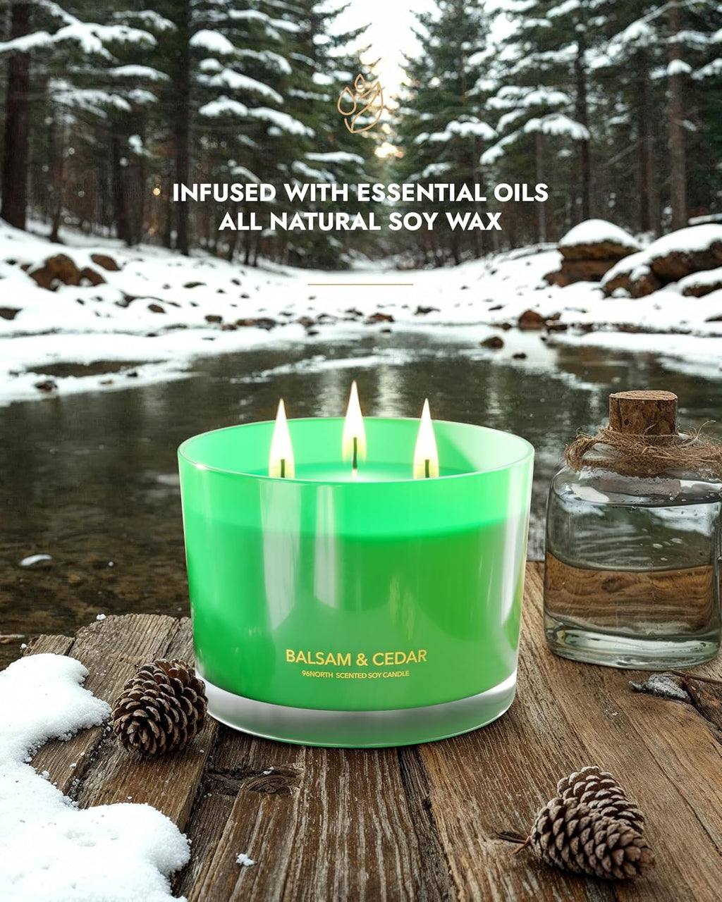 Luxury Candle Balsam & Cedar Scented | Large 3-Wick Jar Candle | up to 40 Hours Burning Time | 100% Natural Soy Wax | Ideal Christmas Candles Gift