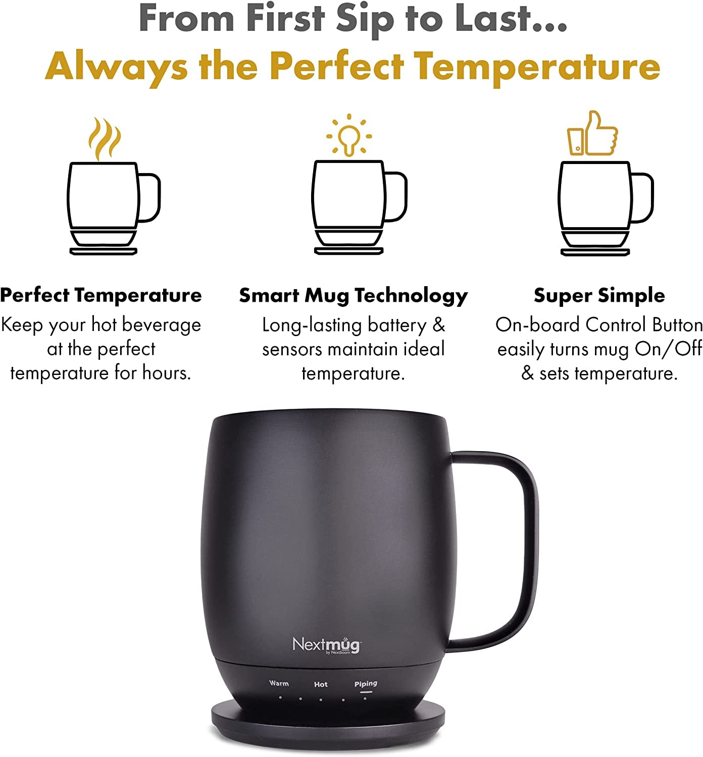 Nextmug - Temperature-Controlled, Self-Heating Coffee Mug (Black - 14 Oz.)