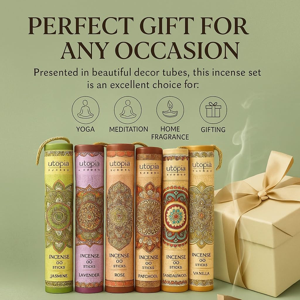 Premium Incense Sticks, Lavender, Sandalwood, Jasmine, Patchouli, Nag Champa, Vanilla, Variety Gift Pack 180 Sticks, Includes a Holder in Each Box