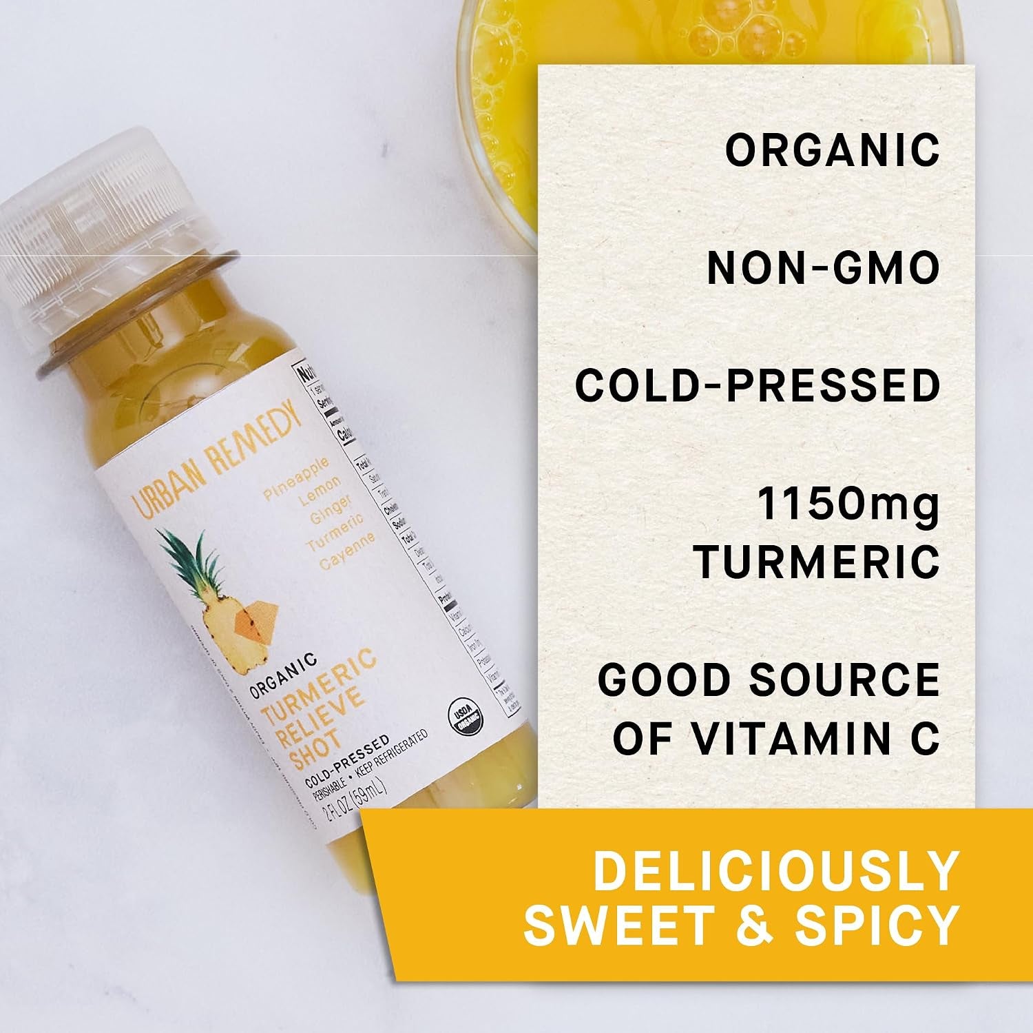 Organic Turmeric Relieve Shot, Cold-Pressed, 2 Fl Oz, Pineapple, Turmeric, Ginger & Cayenne, Digestive Support, Detox, Organic, Non-Gmo, Gluten-Free, Dairy-Free, Ready-To-Drink
