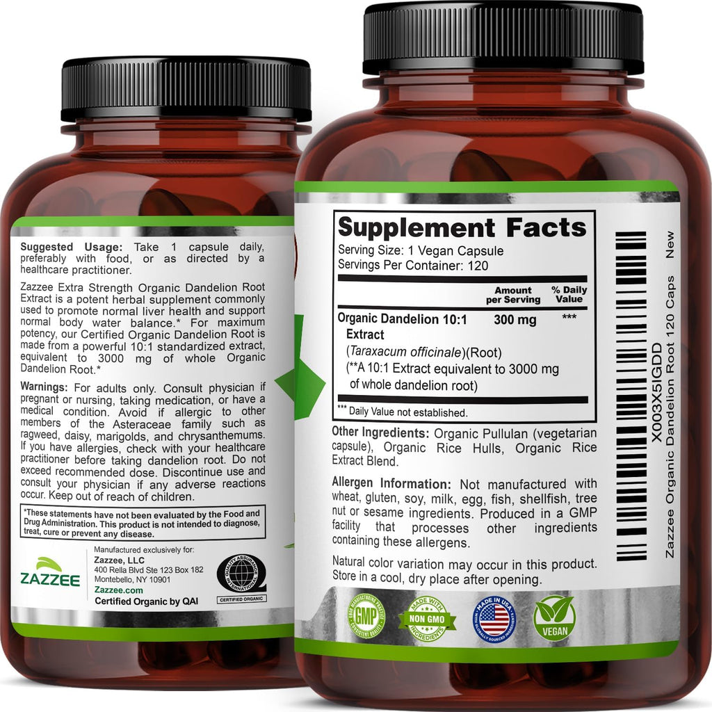 USDA Organic Dandelion Root 10:1 Extract, 120 Capsules, 4 Month Supply, Liver & Detox Support, Taraxacum Officinale, Organic Herbal Supplement, All-Natural, Non-Gmo, Made in the USA