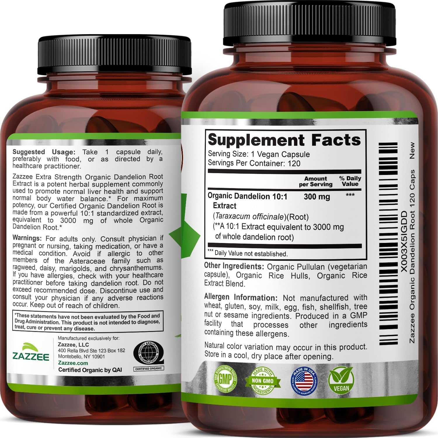 USDA Organic Dandelion Root 10:1 Extract, 120 Capsules, 4 Month Supply, Liver & Detox Support, Taraxacum Officinale, Organic Herbal Supplement, All-Natural, Non-Gmo, Made in the USA