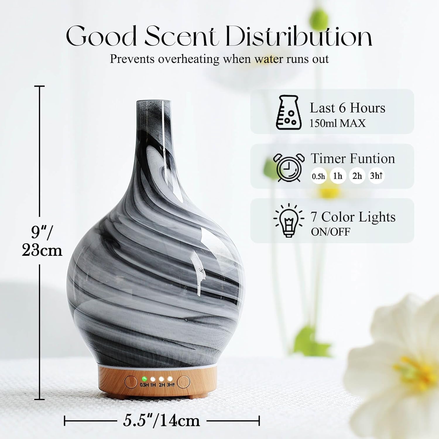 150Ml Essential Oil Diffuser Glass Color Changing Aroma Air Diffusers Aromatherapy Ultrasonic Cool Mist Humidifier 6 Running Hours Waterless Auto-Off for Sleeping, Yoga, Office, Spa (Ink)