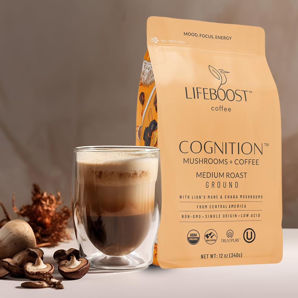Cognition Focus Coffee for Calm Energy - Lion’S Mane Mushroom Coffee with Chaga - Organic Medium Roast Nootropic Coffee - Low Acid Adaptogenic Coffee - 12 Oz Ground