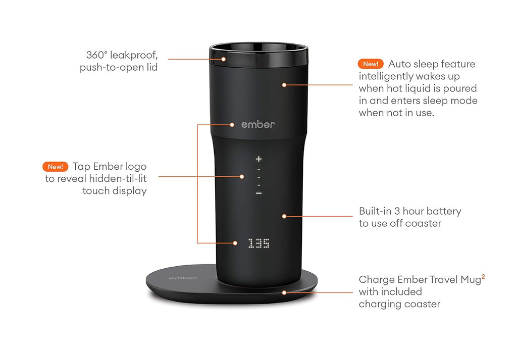 Ember Stainless Steel Temperature Control Travel Mug 2, 12 Oz, App-Controlled Heated Coffee Mug with 3-Hour Battery Life and Improved Design, Black