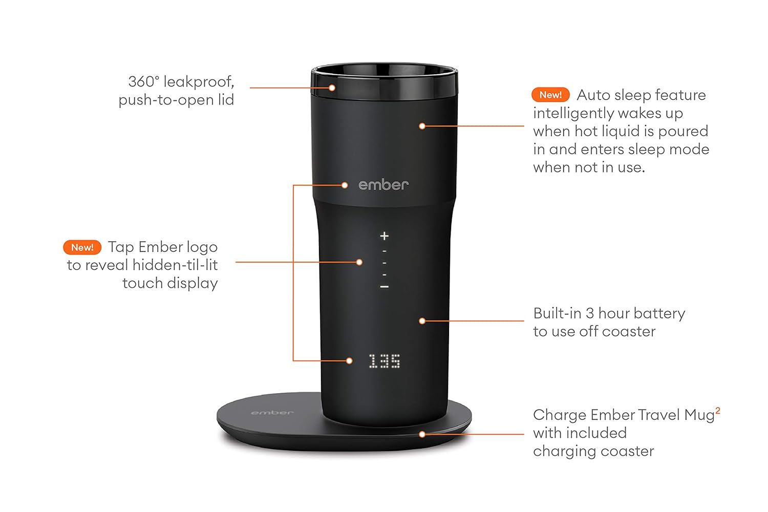 Ember Stainless Steel Temperature Control Travel Mug 2, 12 Oz, App-Controlled Heated Coffee Mug with 3-Hour Battery Life and Improved Design, Black