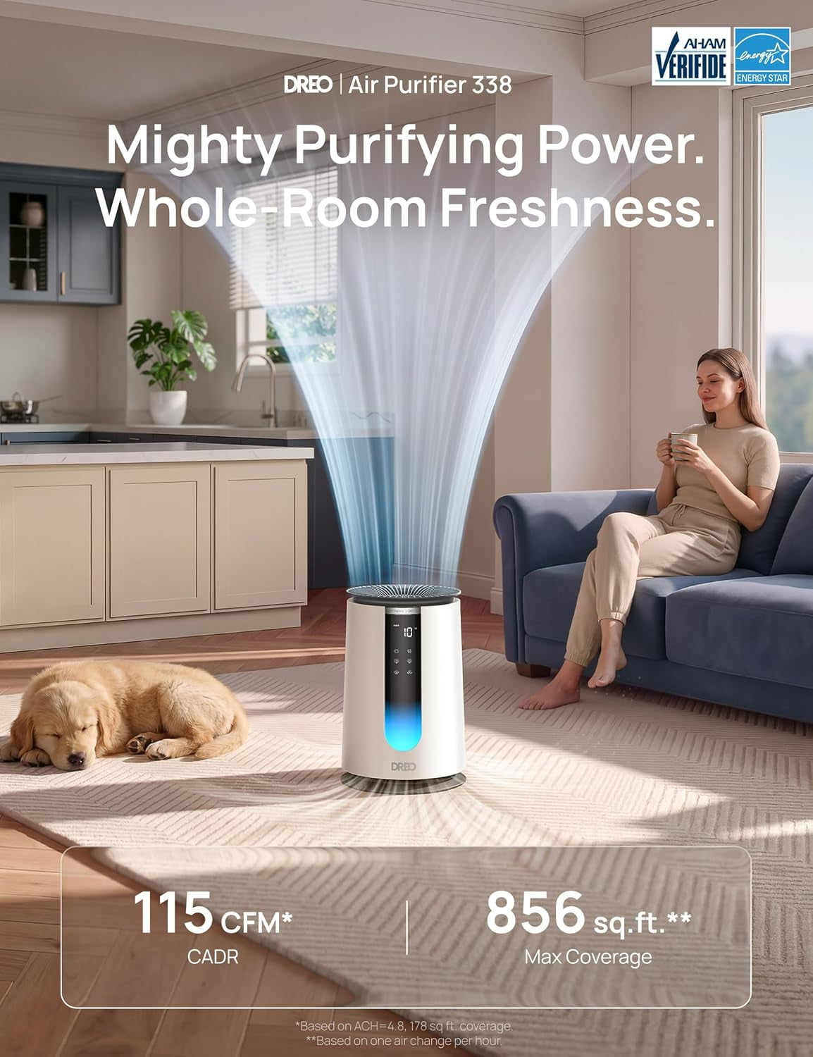 Air Purifier for Home, HEPA Sleep Mode, AHAM VERIFIDE Air Purifiers for Bedroom, Pets, Smoke, Dust, Pollen & Odors, PM2.5 Monitor, Auto & Turbo Mode, 4 Speeds, Scent Diffuser, Dr-Hap008( 338)