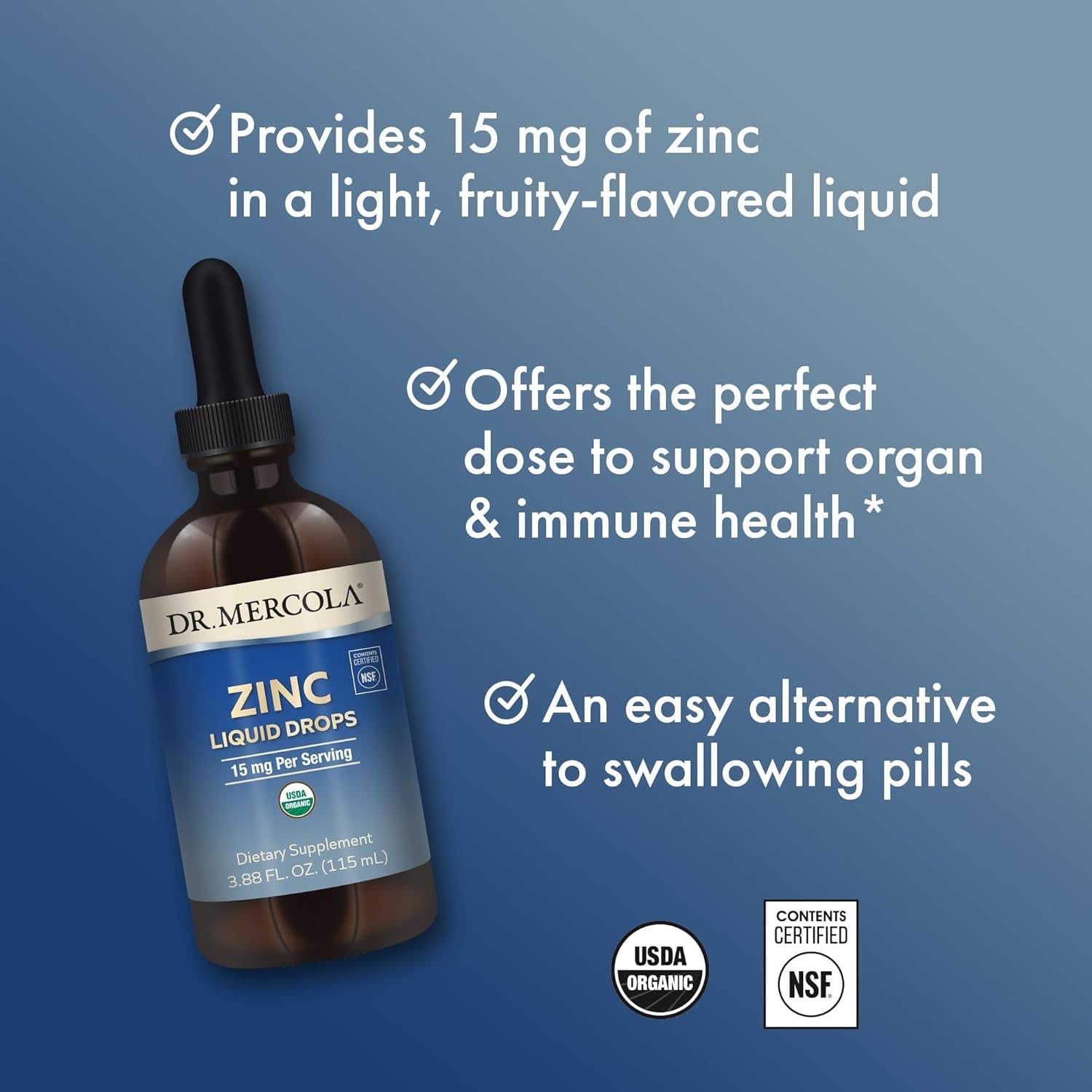 Zinc Liquid Drops - Supports Immune & Organ Health - 15 Mg Organic Zinc Liquid Drops - USDA Organic - NSF Certified - Non-Gmo, Gluten-Free & Soy-Free - 3.88 Fl Oz (28 Servings)