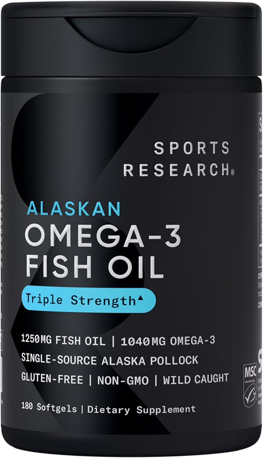 Sports Research® Omega-3 Fish Oil 1250Mg from Wild Alaska Pollock,180 Count | Always Fresh Never Fishy, 690Mg EPA 260Mg DHA per Softgel, MSC Certified Sustainable, Heart & Brain Health, Non-Gmo, Soy Free