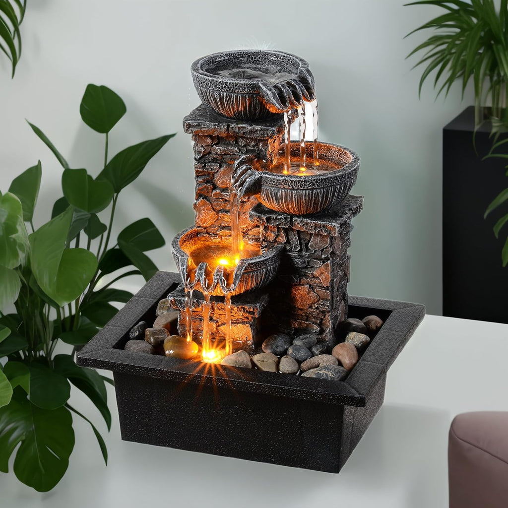 Tabletop Waterfall Fountain 3 Bowls with LED Light, Soothing Water Flow Sound, Zen Meditation Decor for Home and Office, Relaxation Water Fountains Indoor (23113)