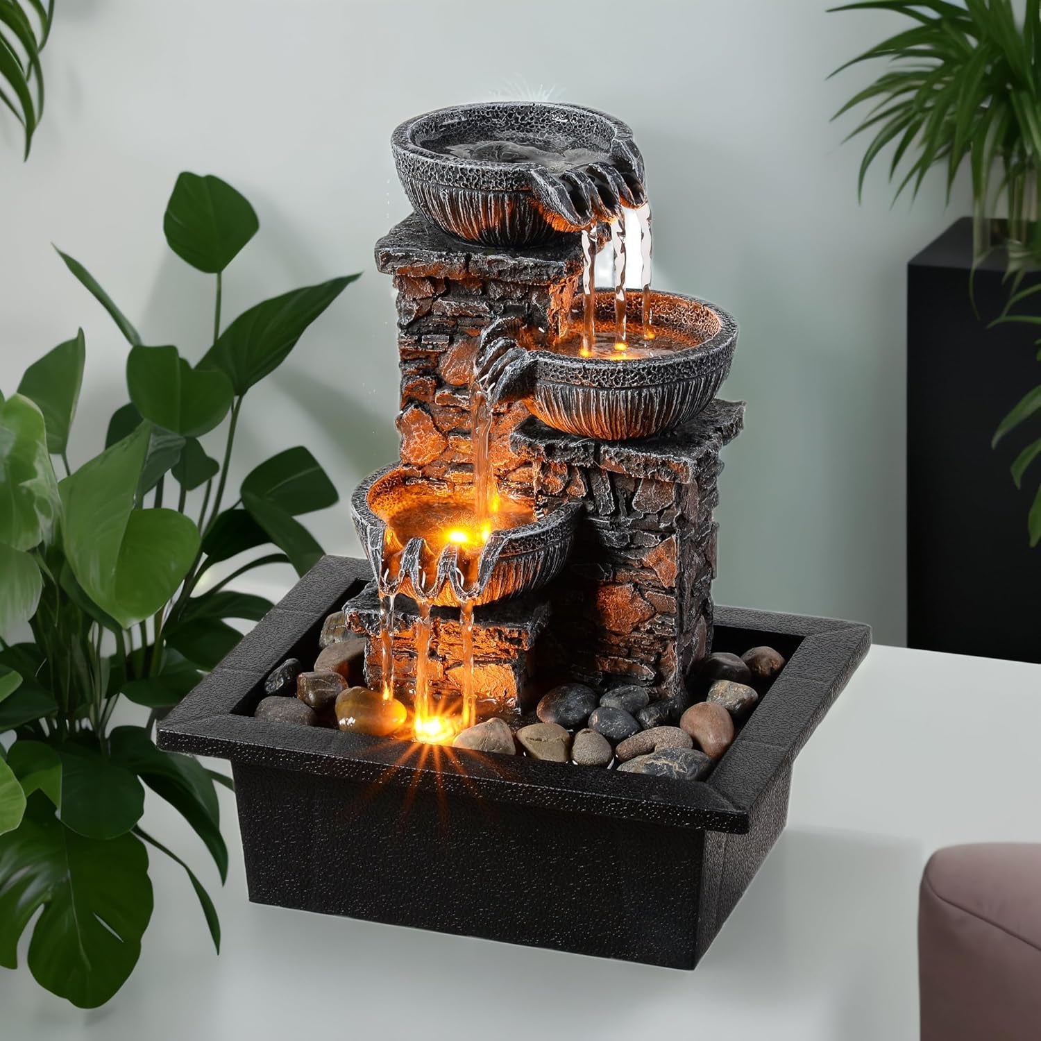 Tabletop Waterfall Fountain 3 Bowls with LED Light, Soothing Water Flow Sound, Zen Meditation Decor for Home and Office, Relaxation Water Fountains Indoor (23113)