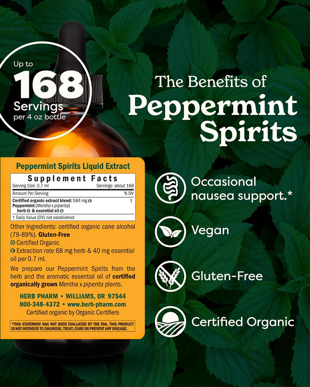 Peppermint Spirits Liquid Extract: Organic Herbal Digestion Support | Mentha Piperita Tincture | Fast-Absorbing for Occasional Nausea & Upset Stomach Support, up to ~12 Week Supply, 4 Oz*