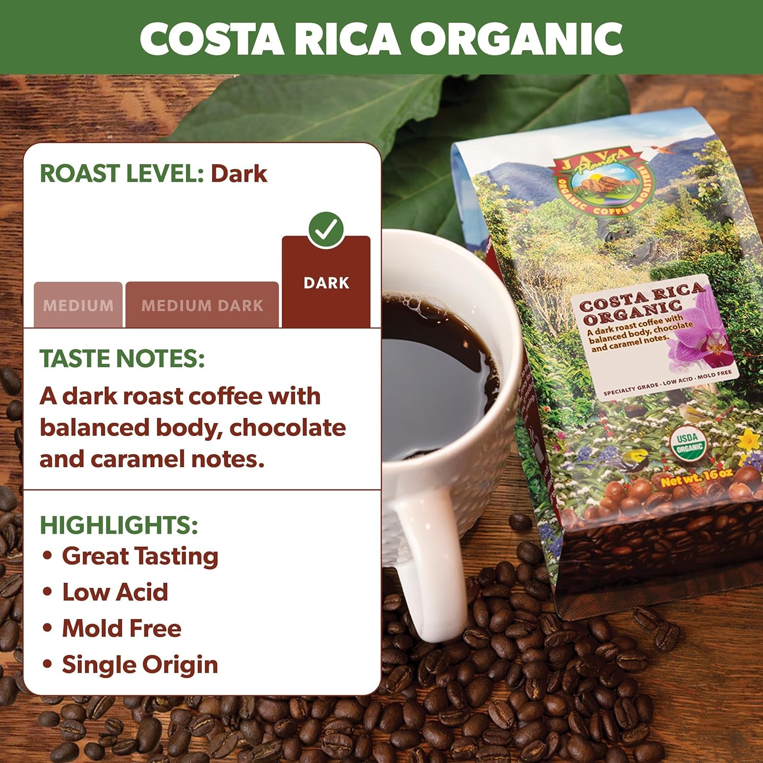Low Acid Organic Coffee – Whole Bean, Mold-Free & Stomach Friendly by , Costa Rican Single Origin Coffee, Dark Roast, Smooth Full Flavored, 1LB Bag