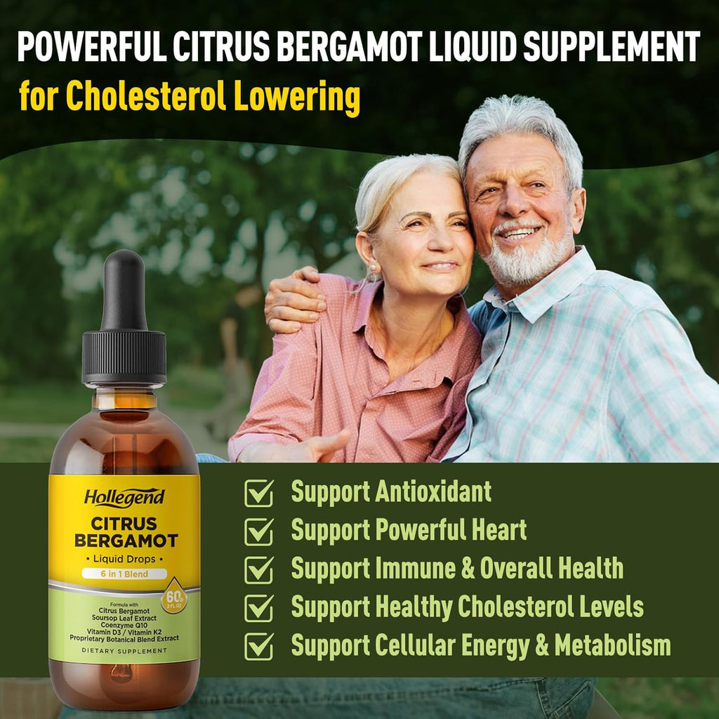 Citrus Bergamot Liquid Drops, Organic Citrus Bergamot 1000Mg Supplement, plus Soursop, Coq10, Vitamin D3, K2, Overall Health Support, Vegan, Lemon Flavor,2 Fl Oz