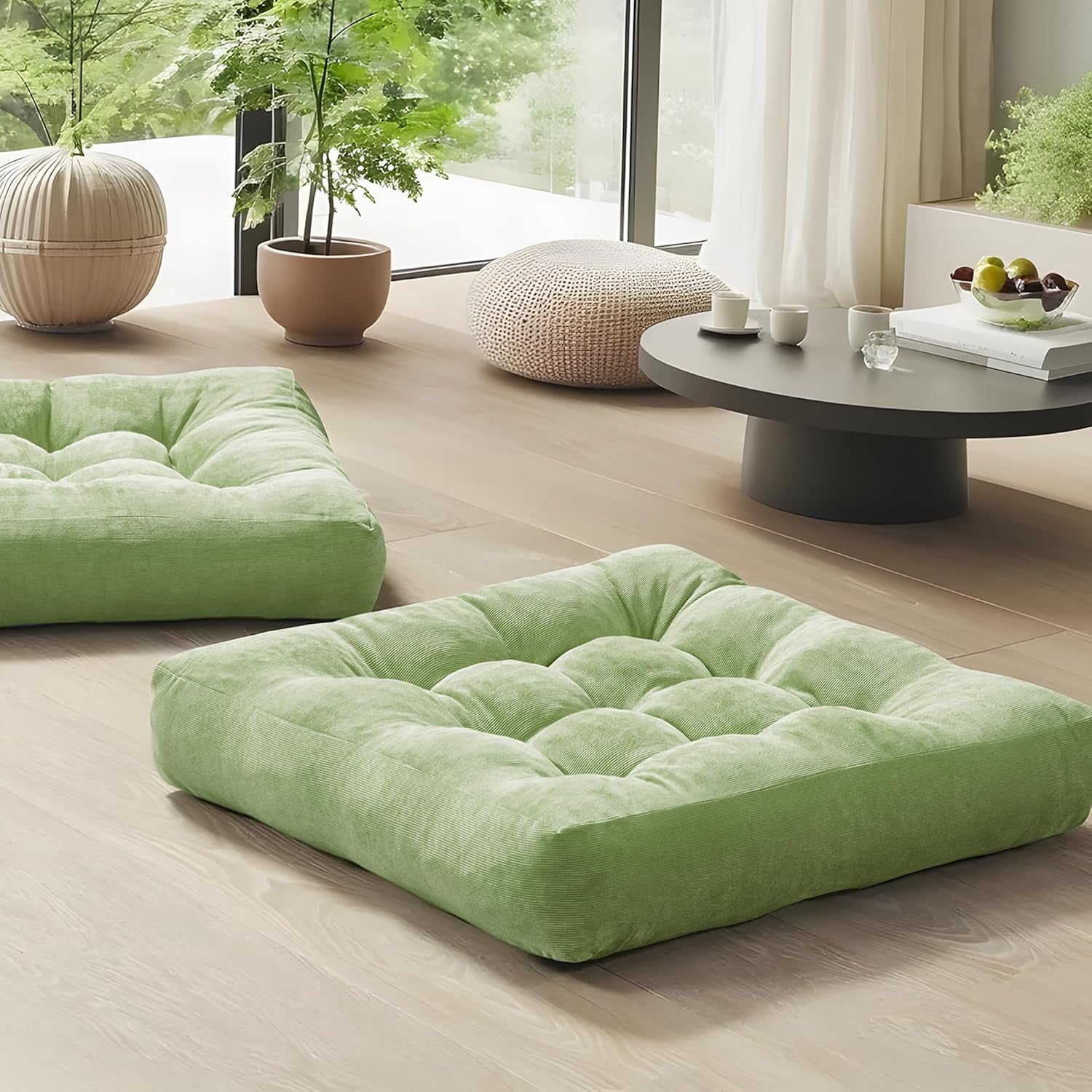Meditation Floor Pillow Set of 2, Square Large Pillows Seating for Adults, Tufted Corduroy Cushion for Living Room Tatami, Green 22X22 Inch
