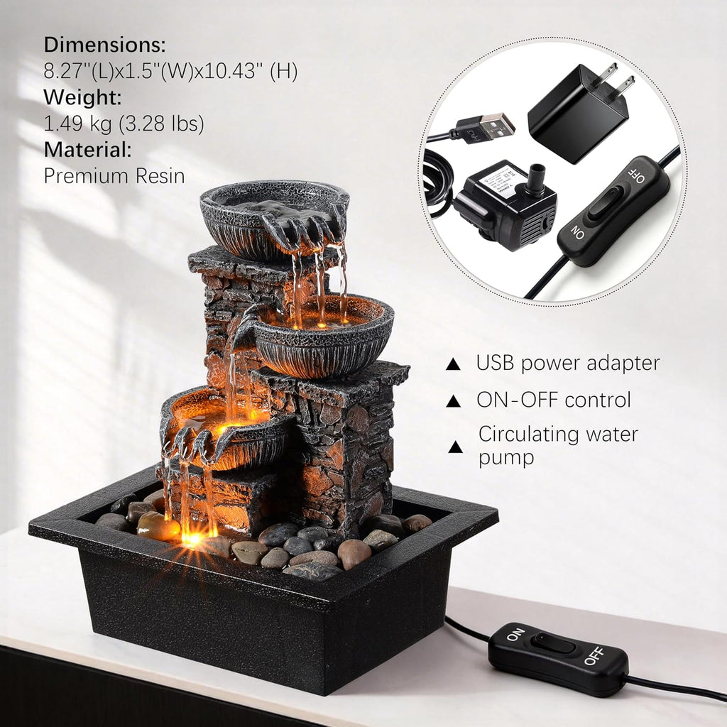 Tabletop Waterfall Fountain 3 Bowls with LED Light, Soothing Water Flow Sound, Zen Meditation Decor for Home and Office, Relaxation Water Fountains Indoor (23113)