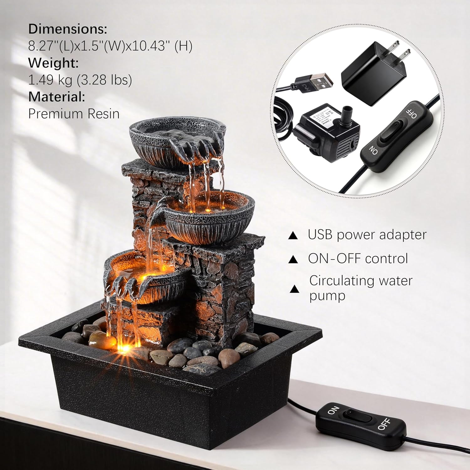 Tabletop Waterfall Fountain 3 Bowls with LED Light, Soothing Water Flow Sound, Zen Meditation Decor for Home and Office, Relaxation Water Fountains Indoor (23113)