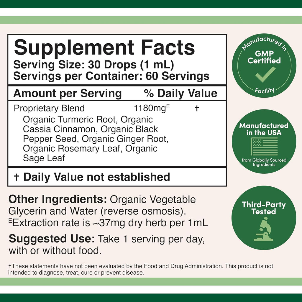 Turmeric Curcumin with Black Pepper Drops - Organic Turmeric Supplement Drops 1,180Mg - 2FL OZ, 60 Servings (With Black Pepper Seed, Ginger, Rosemary, and Sage) for Joint Support by Double Wood