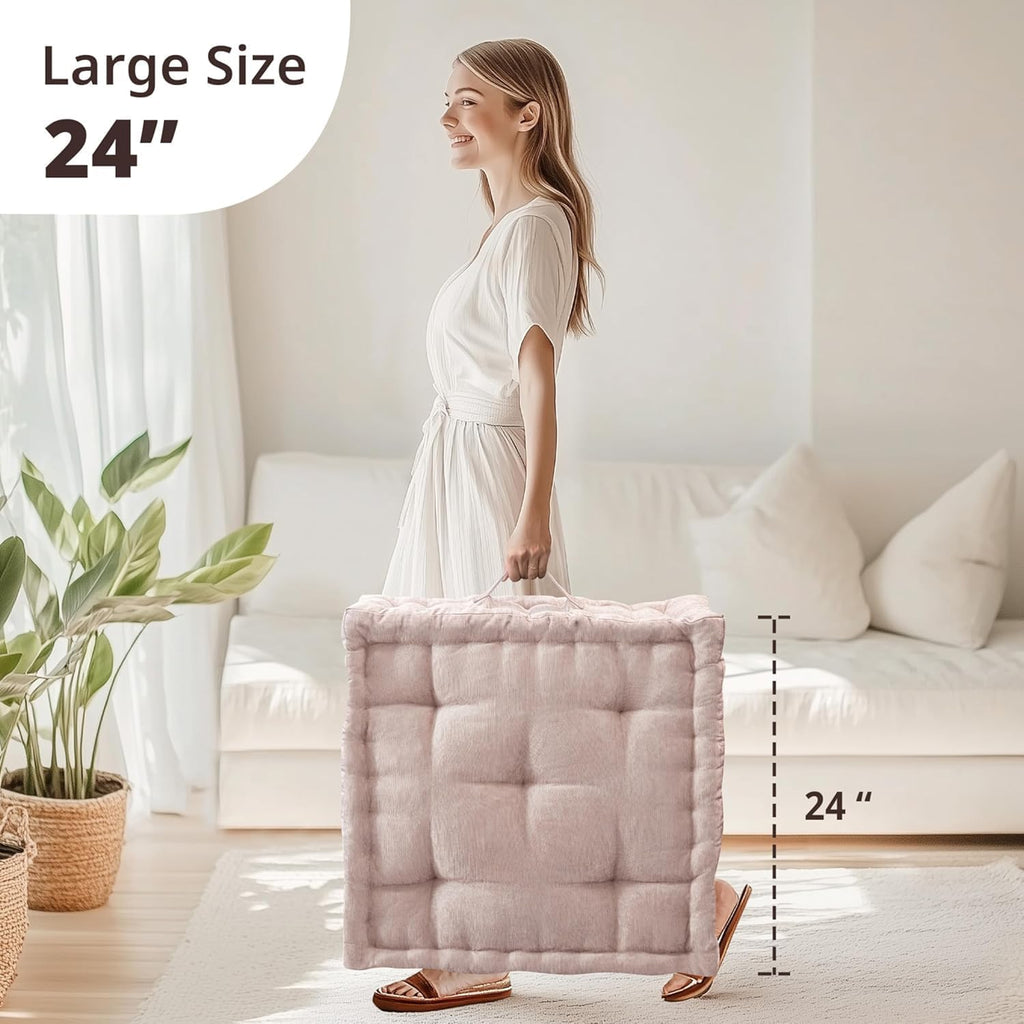 Large Floor Pillow for Adults Yoga or Meditation Cushion with Handle, Floor Cushion for Board Games, Lustrous Chenille Tufted, Handsewn Scalloped Edge, Azza, 24" X 24" X 5" Blush