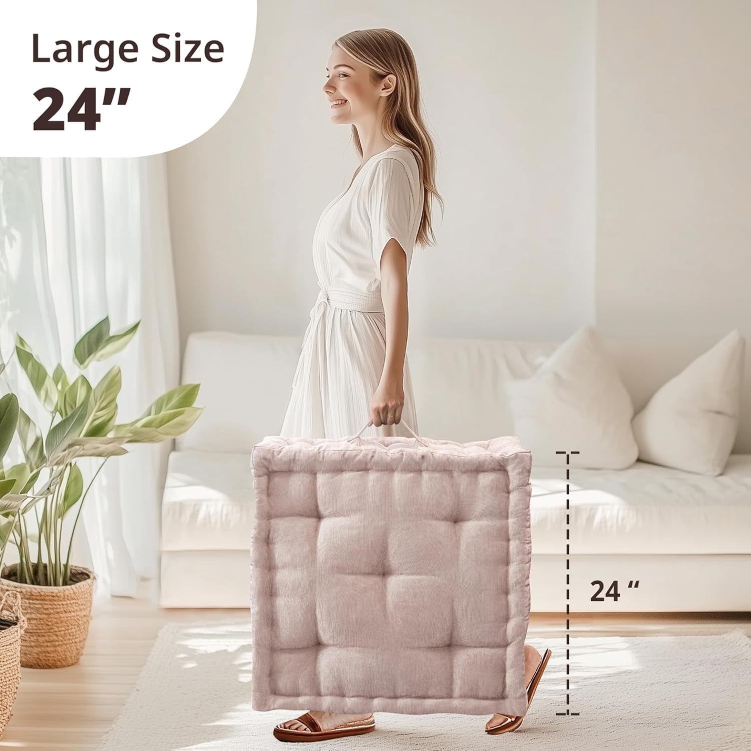 Large Floor Pillow for Adults Yoga or Meditation Cushion with Handle, Floor Cushion for Board Games, Lustrous Chenille Tufted, Handsewn Scalloped Edge, Azza, 24" X 24" X 5" Blush