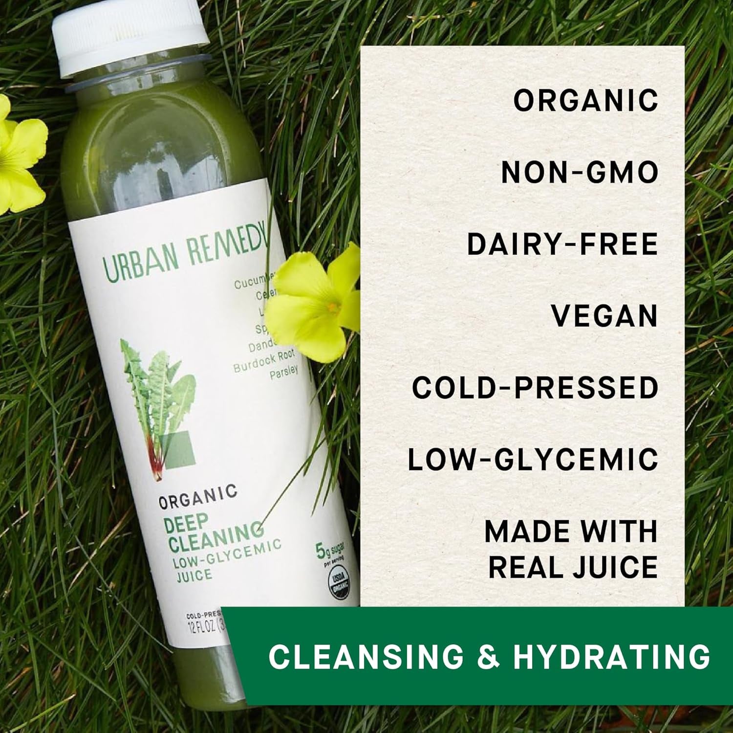 Urban Remedy Organic Deep Cleaning Juice, Cold-Pressed, 12 Fl Oz, Detoxifying Green Juice with Burdock Root & Dandelion Greens, Low Glycemic, Non-Gmo, Gluten-Free, Hydrating & Ready-To-Drink