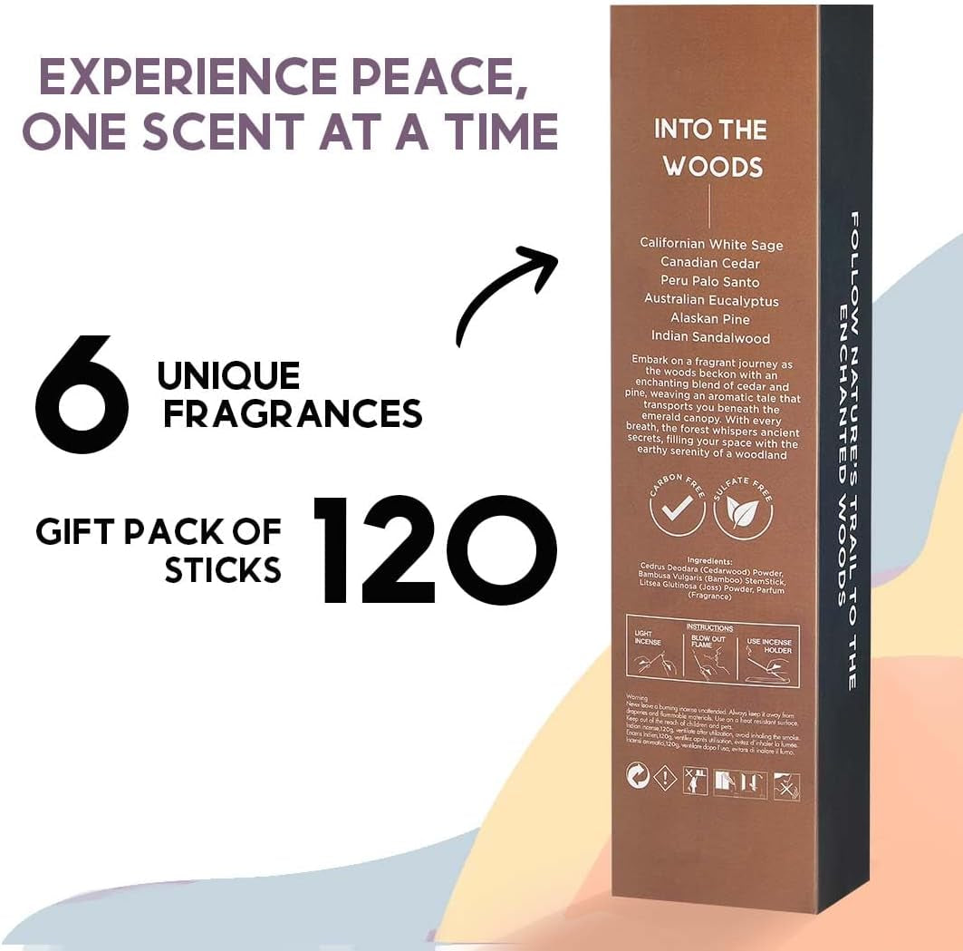 Incense Sticks (120 Sticks) | Set of 6 Premium Incense for Relaxation, Aromatherapy| No Charcoal, Organic, Non Toxic, 45 Mins, Long Burning Sandalwood, Eucalyptus, Palo Santo Insence-Sticks