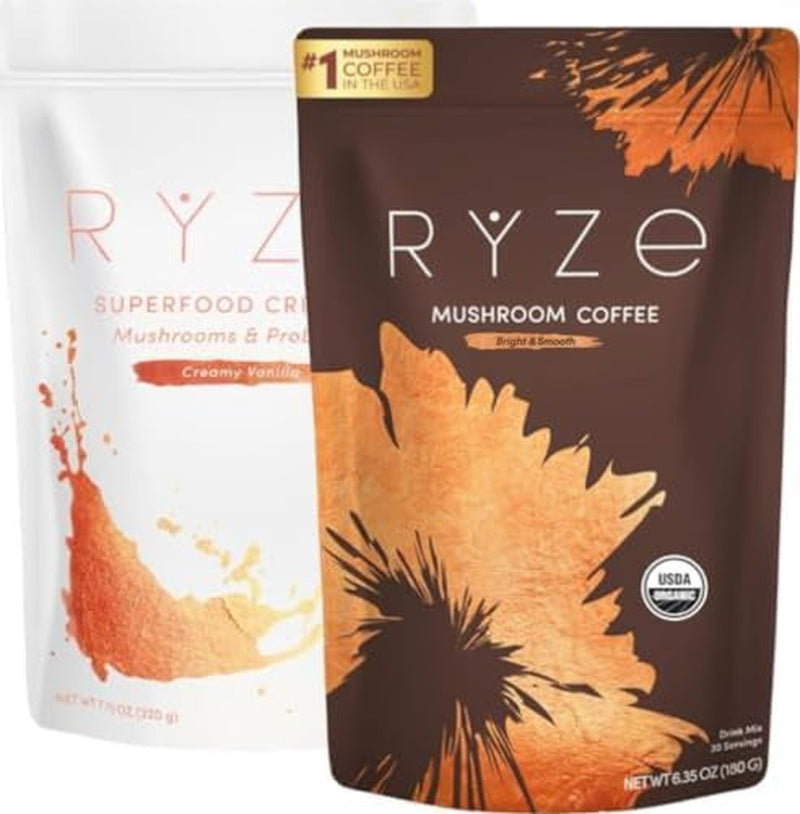RYZE N Shine Bundle, USDA Organic Mushroom Medium Roast Coffee + Probiotic Coffee Creamer with 6 Adaptogenic Mushrooms for Better Energy, Focus, Digestion, Immunity, 30 + 30 Servings