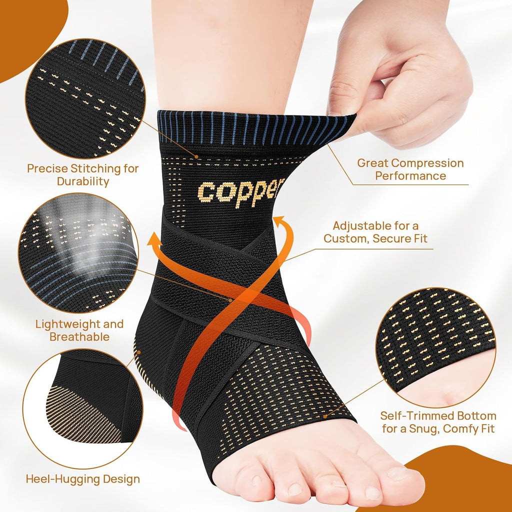 Ultra-Breathable Copper Ankle Braces for Men and Women- Adjustable Compression Ankle Brace for Sprain Recovery, Plantar Fasciitis & Daily Pain Relief | Durable, Fits Any Shoe (Large)
