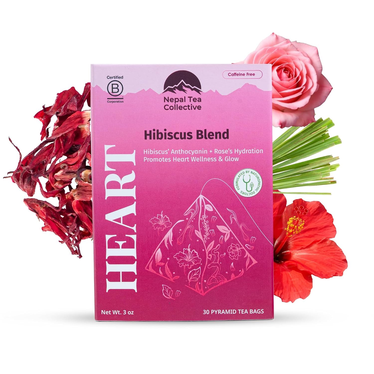 Heart Hibiscus Tea Bags with Rose Petals, Tulsi & Lemongrass | Caffeine Free Floral Herbal Blend | Naturopathic Tea Rich in Vitamin C & Antioxidants | 30 Plastic Free Pyramid Bags