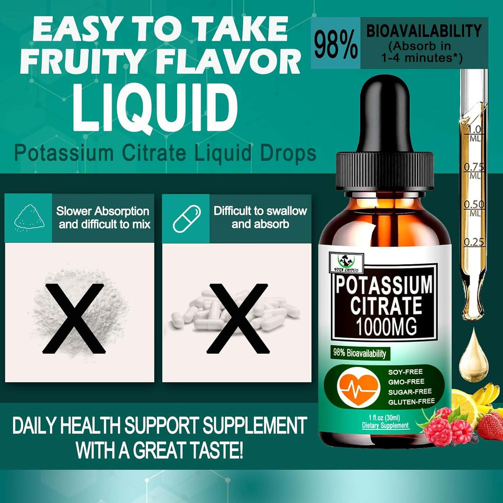 Potassium Citrate Liquid Drops,Potassium Supplement 1000Mg Liquid Support Muscle Cramp Relief, Heart Health and Sleep,Highly Absorbable for Adults Women & Men, Vegan, 30 Servings