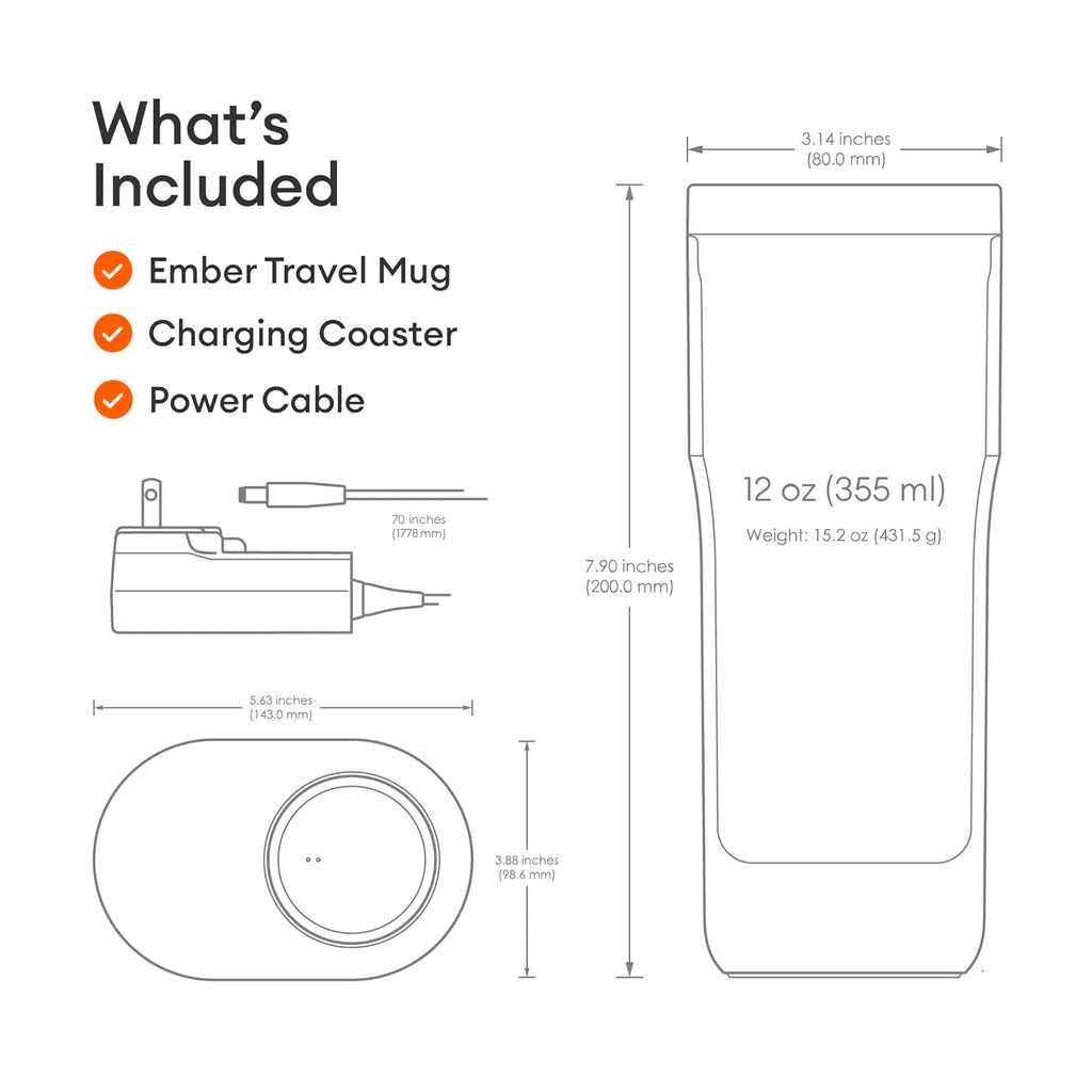 Ember Stainless Steel Temperature Control Travel Mug 2, 12 Oz, App-Controlled Heated Coffee Mug with 3-Hour Battery Life and Improved Design, Black