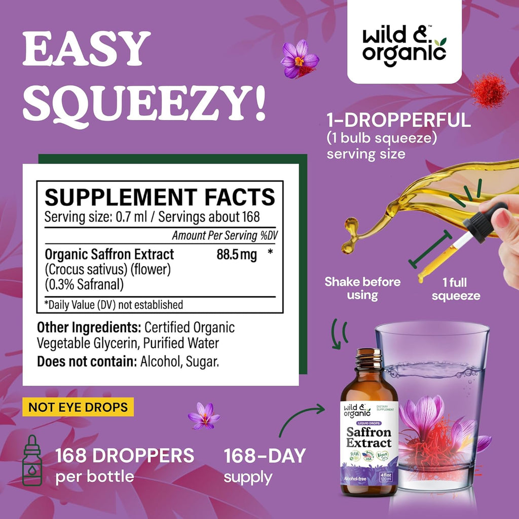 Saffron Supplements 88.5 Mg - Mood, Focus & Eye Support - Saffron Extract Liquid Drops - Add to Tea - 5-Month Supply - Crocus Sativus Herb - Vegan, Sugar & Alcohol-Free Tincture - 4 Oz