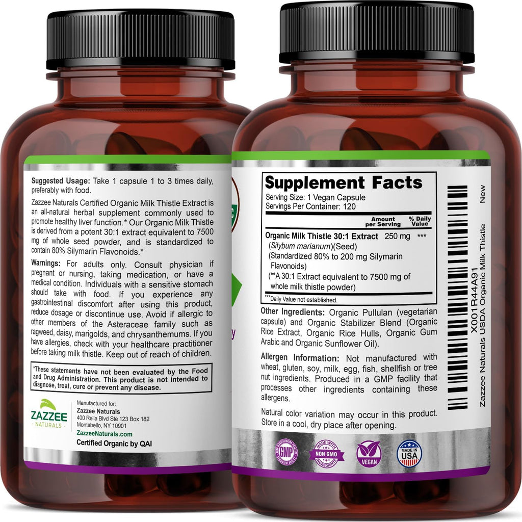 USDA Organic Milk Thistle 30:1 Extract, 80% Silymarin, 120 Vegan Capsules, 4 Month Supply, Certified Kosher, High Potency Liver & Antioxidant Support, Silybum Marianum, Non-Gmo, Made in the USA