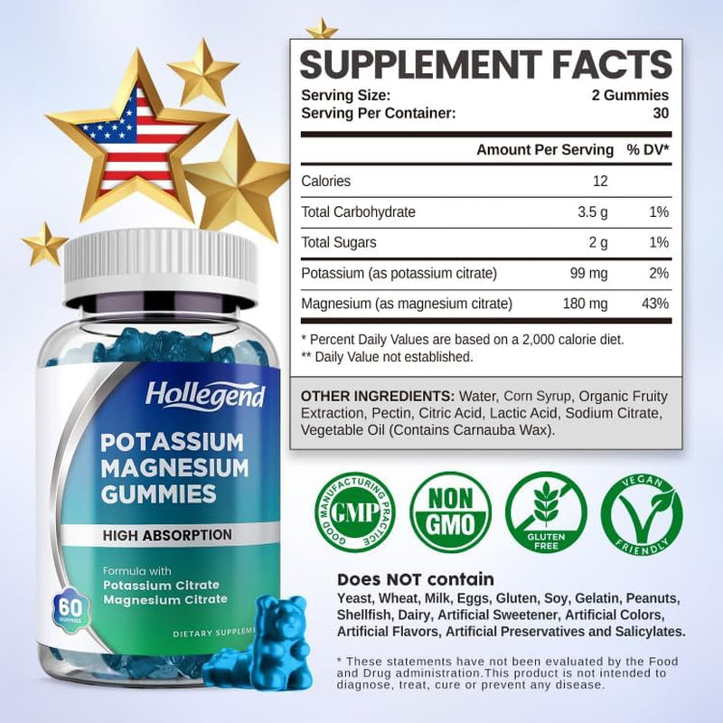 Potassium Magnesium Gummies, High Absorption Potassium Citrate 99Mg Magnesium Citrate 180Mg, Chewable Gummy Supplements for Leg Cramps & Muscle, 60 Count