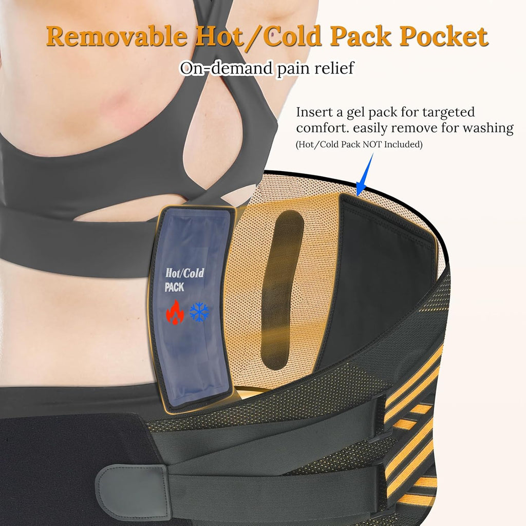 Copper Lower Back Brace with Removable Dual Spine Rods & Therapy Pocket-Ultra Breathable for Lower Back Pain Relief & Work Support(Large)