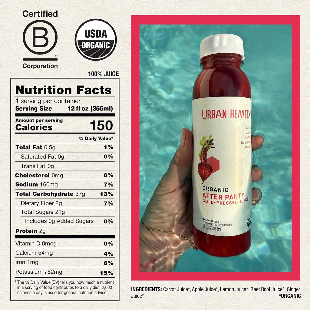 Urban Remedy after Party Organic Juice, Cold-Pressed, 12 Fl Oz, Carrot, Apple, Lemon, Ginger & Beet Blend, Digestion Support, Revitalizing Fresh Juice, Organic, Non-Gmo, Gluten-Free, Dairy-Free, Ready-To-Drink