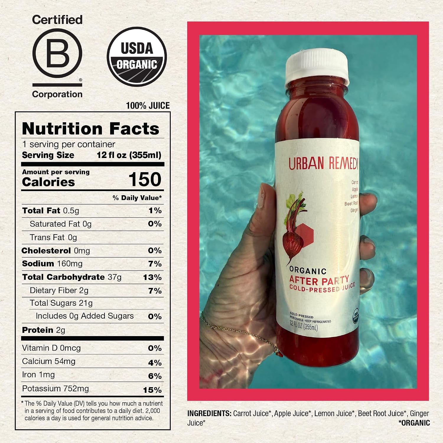 Urban Remedy after Party Organic Juice, Cold-Pressed, 12 Fl Oz, Carrot, Apple, Lemon, Ginger & Beet Blend, Digestion Support, Revitalizing Fresh Juice, Organic, Non-Gmo, Gluten-Free, Dairy-Free, Ready-To-Drink