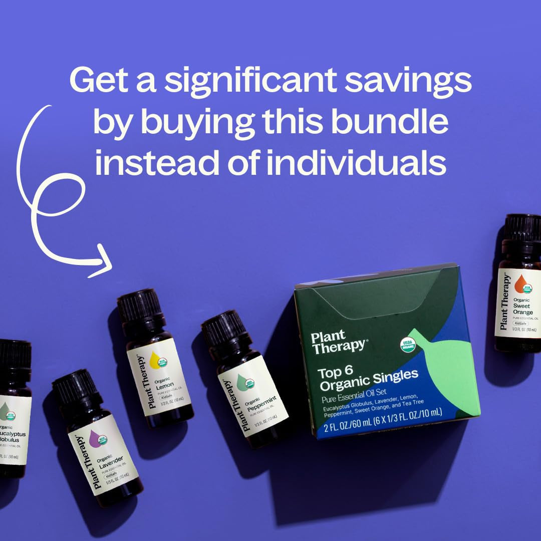 Top 6 USDA Organic Essential Oil Set - Lavender, Peppermint, Eucalyptus, Lemon, Tea Tree 100% Pure, Natural Aromatherapy, for Diffusion & Topical Use, Therapeutic Grade 10 Ml (1/3 Oz)