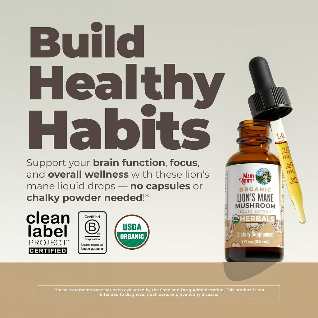 Lions Mane Mushroom Supplement Liquid Drops 1 Fl Oz, Non-Gmo