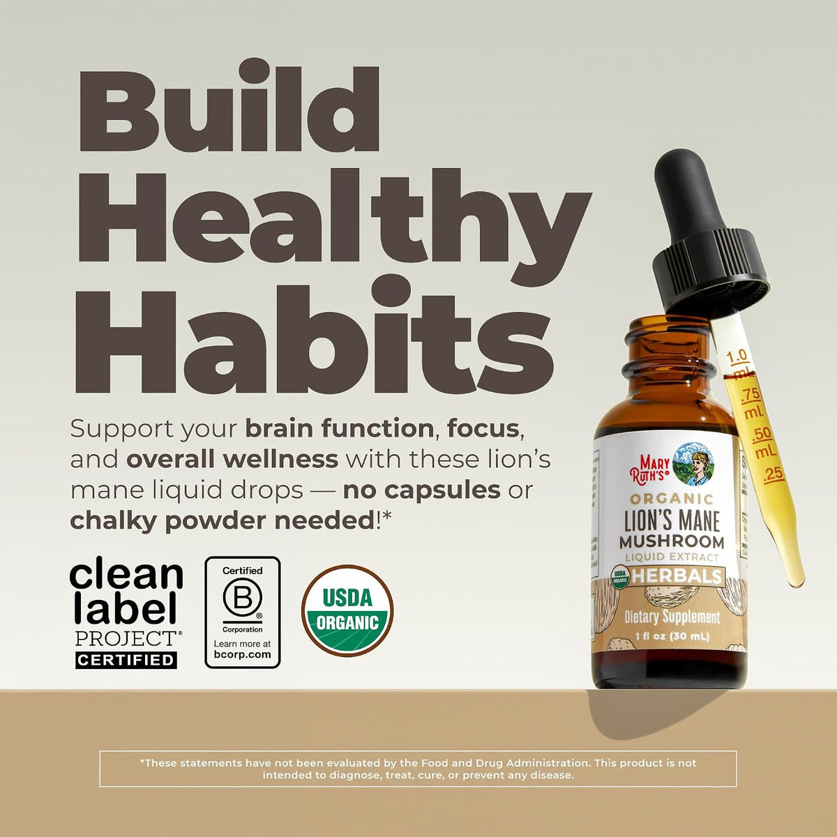 Lions Mane Mushroom Supplement Liquid Drops 1 Fl Oz, Non-Gmo