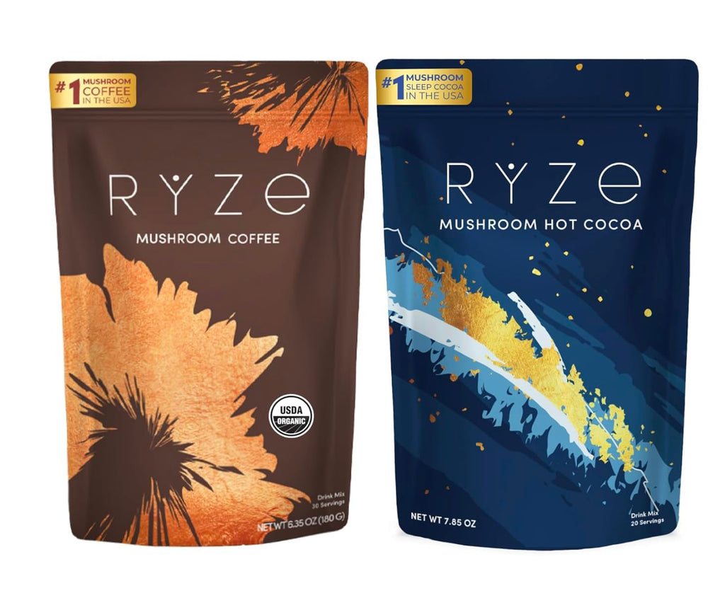 Day + Night Bundle with Mushroom Coffee and RYZE Hot Cocoa, USDA Organic Mushroom Coffee with 6 Adaptogenic Mushrooms & MCT Oil, Hot Cocoa Keto Sleep Aid with Melatonin, 30+20 S