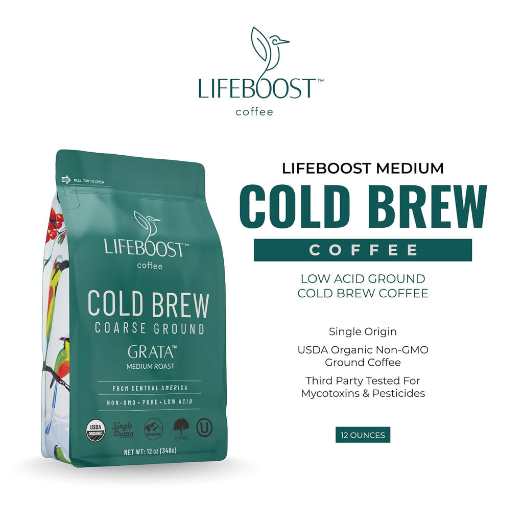 Low Acid Cold Brew Coffee, Organic Coarse Ground Medium Roast, 12 Oz