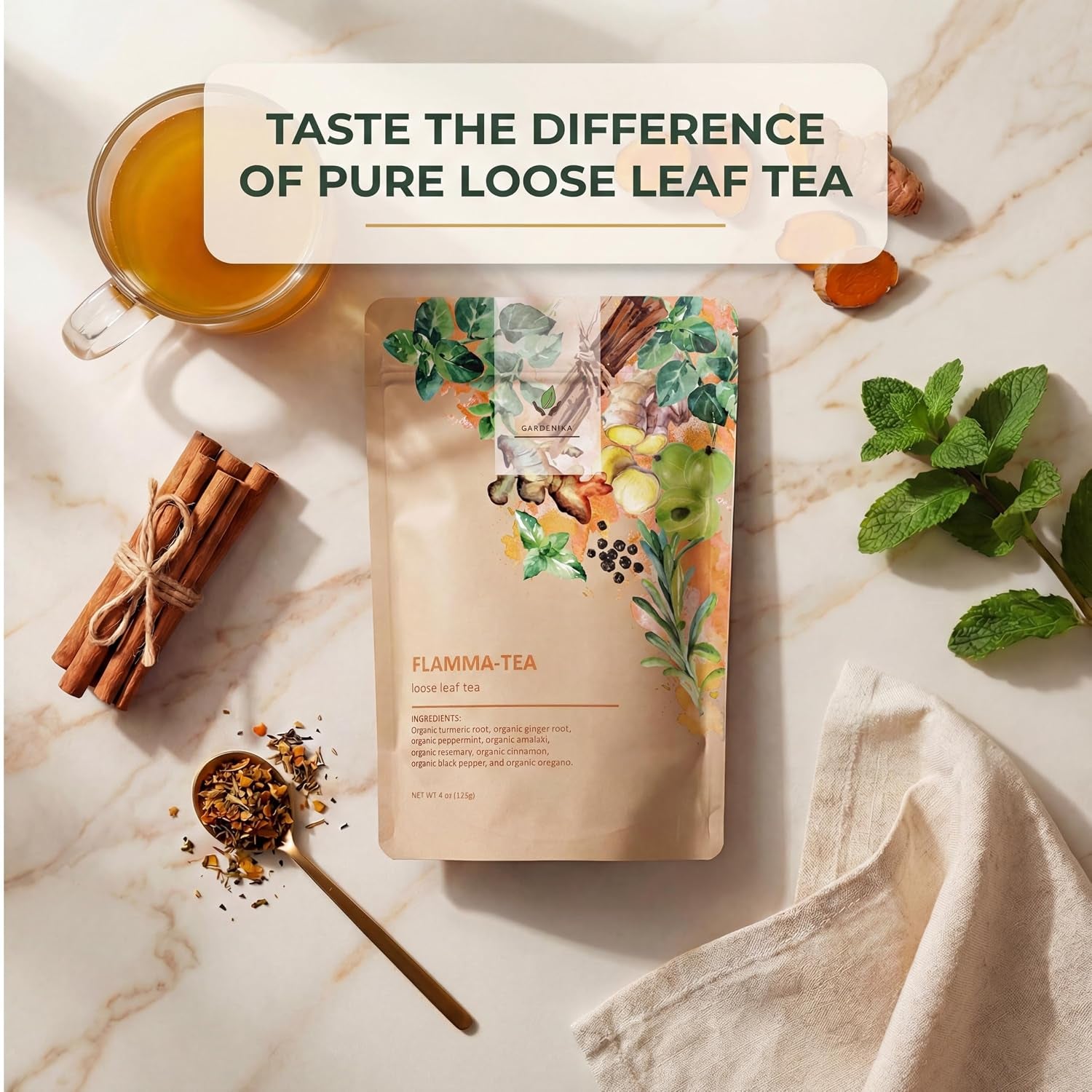 Organic Flamma-Tea Loose Leaf Tea | Premium Turmeric Ginger Blend with Cinnamon, Peppermint & Black Pepper | 100% Natural, Caffeine Free Herbal Wellness Tea | 4Oz (113G)