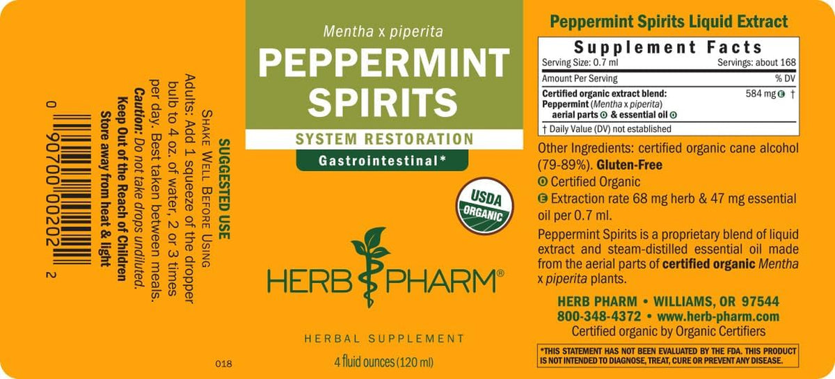 Peppermint Spirits Liquid Extract: Organic Herbal Digestion Support | Mentha Piperita Tincture | Fast-Absorbing for Occasional Nausea & Upset Stomach Support, up to ~12 Week Supply, 4 Oz*