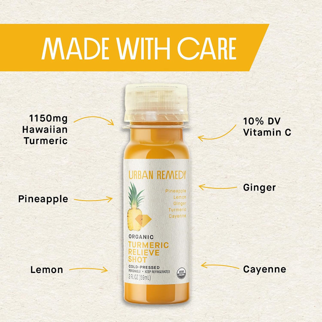 Organic Turmeric Relieve Shot, Cold-Pressed, 2 Fl Oz, Pineapple, Turmeric, Ginger & Cayenne, Digestive Support, Detox, Organic, Non-Gmo, Gluten-Free, Dairy-Free, Ready-To-Drink