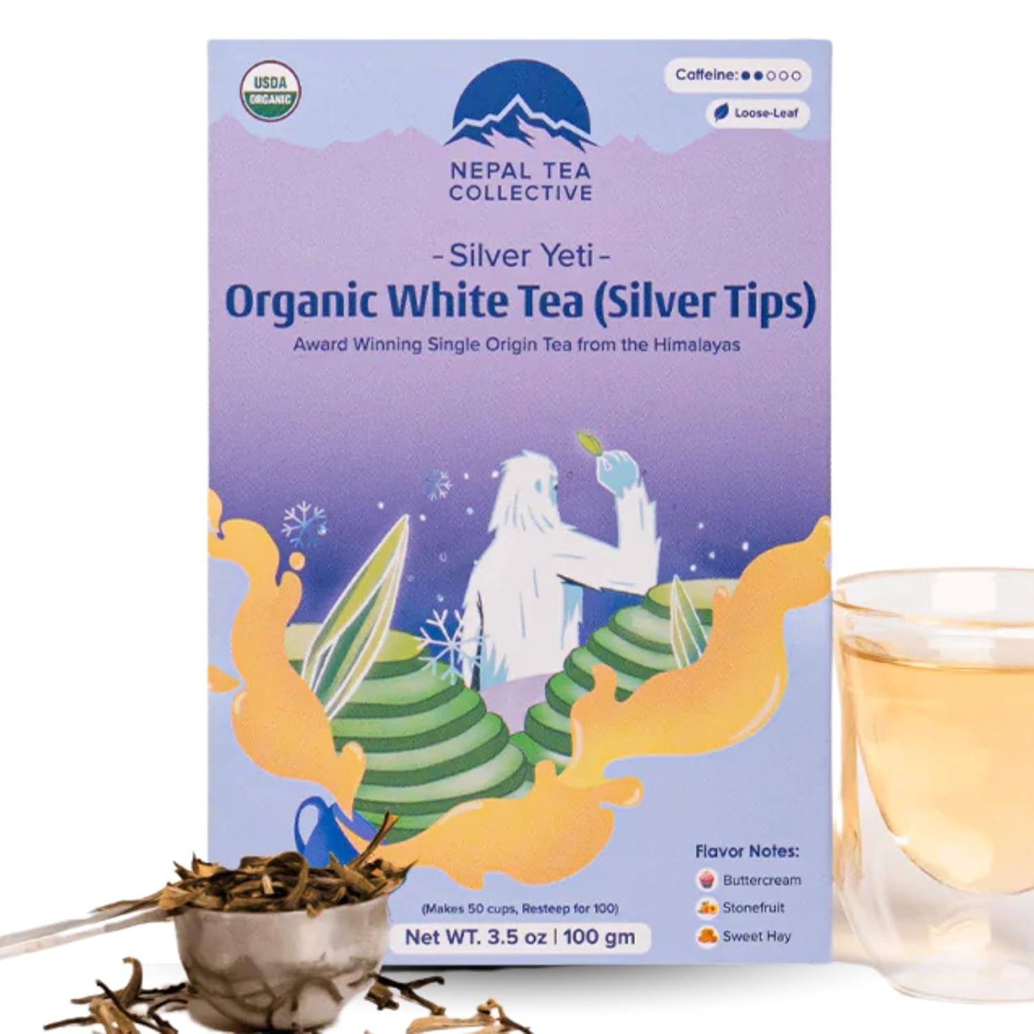 Organic Silver Tip Tea Loose Leaf - USDA Certified Organic Loose Leaf Tea from a Family Farm in the Himalayas - Premium Leaves - 3.5 Oz / 100 G (Silver Yeti)