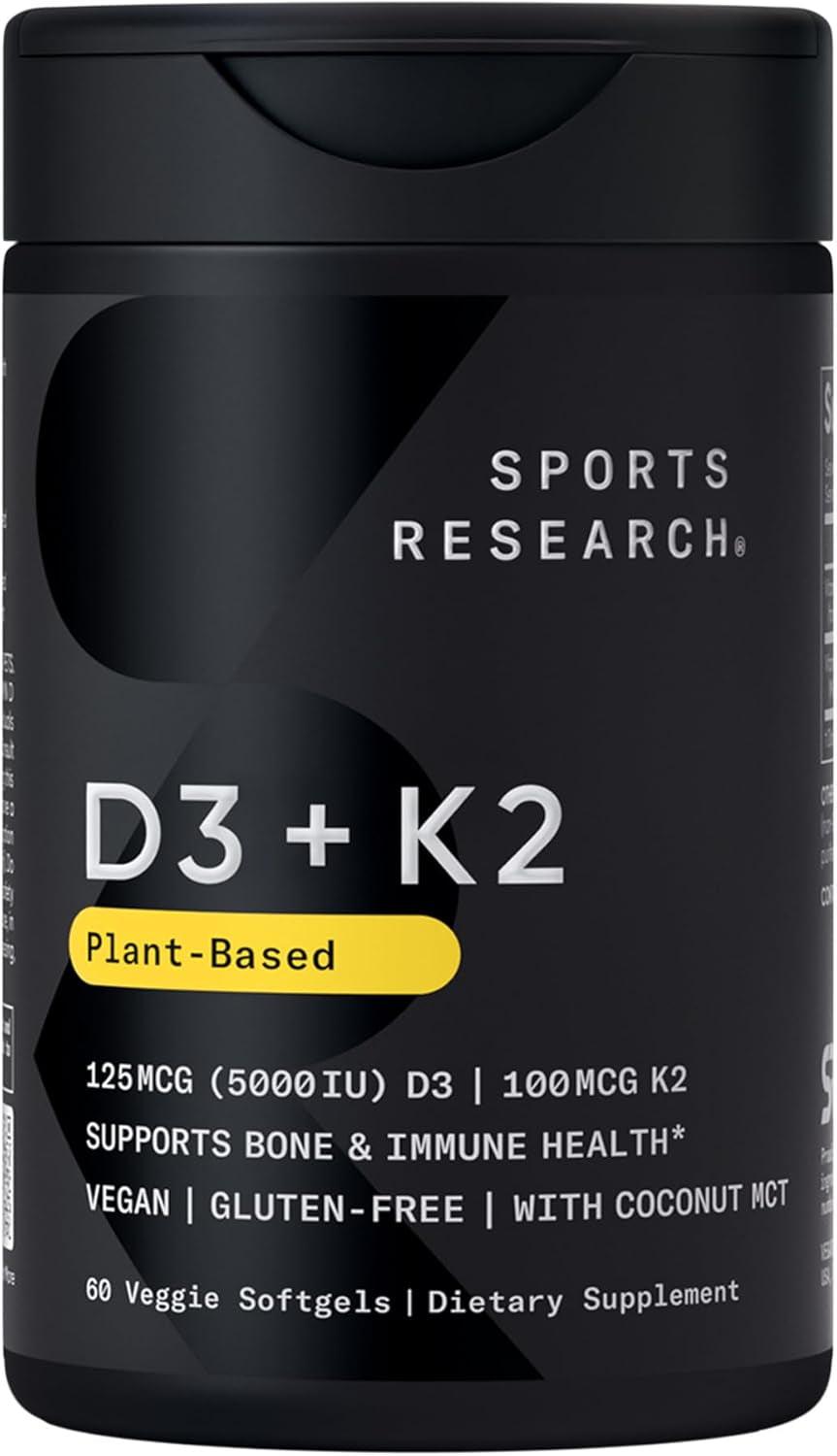 Sports Research® Vitamin D3 + K2 W/ Coconut Oil - Vegan Vitamin D 5000Iu & Mk7 Vitamin K 100Mcg for Bone & Immune Support - Vegan Certified · Non-Gmo · Soy Free - 60 Softgels | Plant-Based Vitamin D 5000Iu/125Mcg & Soy-Free Vitamin K 100Mcg for Bone & Immune Support - Vegan Certified & Non-Gmo Verifed