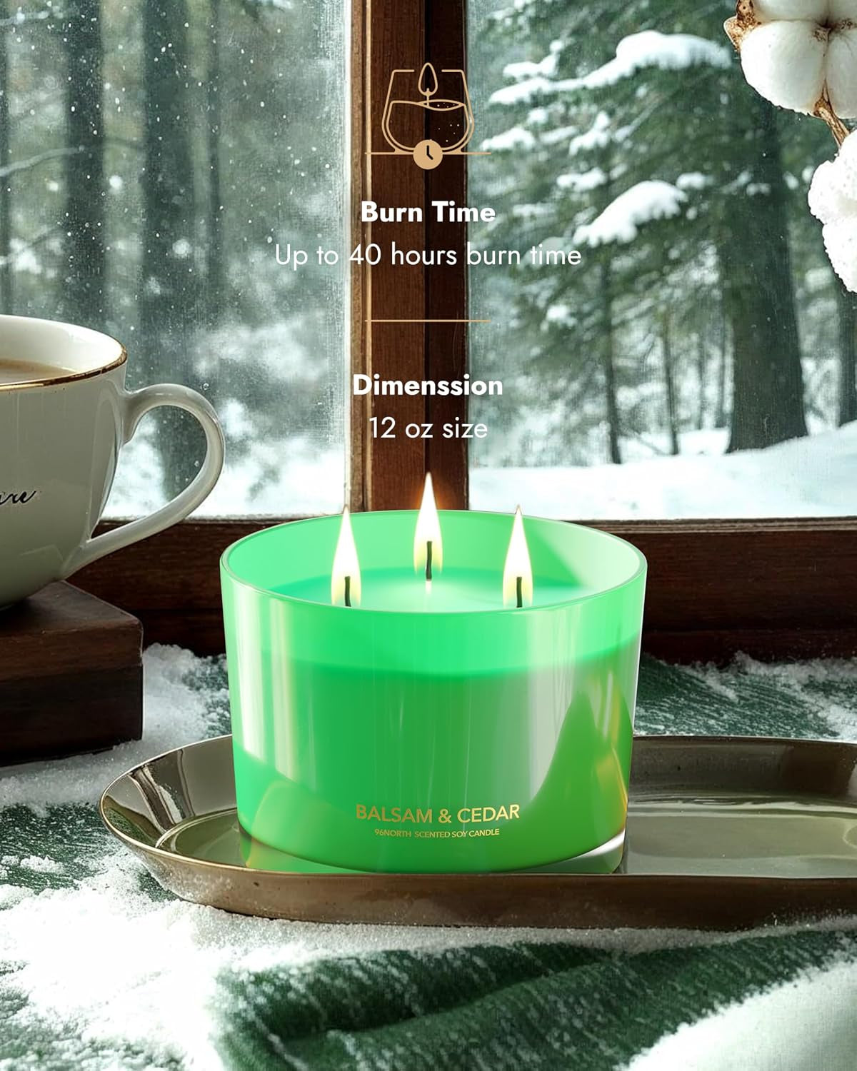 Luxury Candle Balsam & Cedar Scented | Large 3-Wick Jar Candle | up to 40 Hours Burning Time | 100% Natural Soy Wax | Ideal Christmas Candles Gift